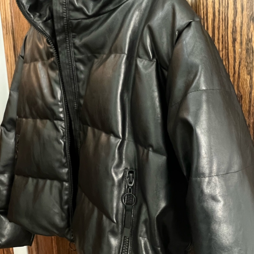 Black leather puffer jacket